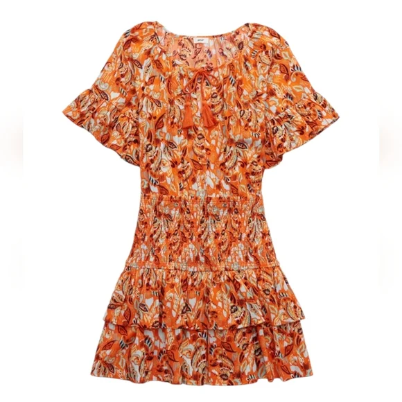 NWT Aerie Smocked Waist Mini Dress Orange Floral Tiered Ruffle Hem 100% Cotton M - Picture 4 of 16
